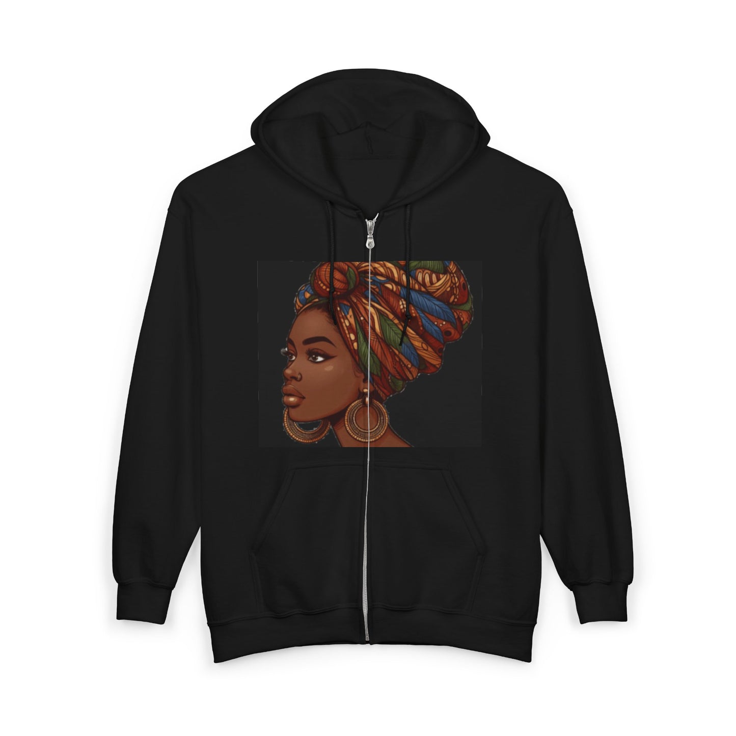Iconic Black Woman Full-Zip Hoodie — Afro Headwrap Portrait Zip-Up