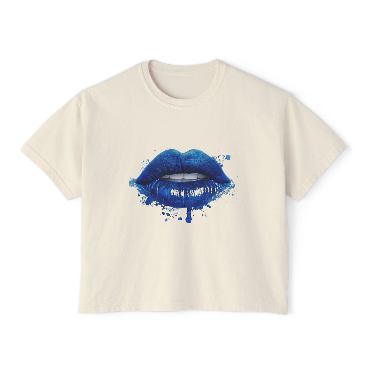 Blue Kiss Boxy Tee — Artistic Blue Lip Print Women's Crop T-Shirt