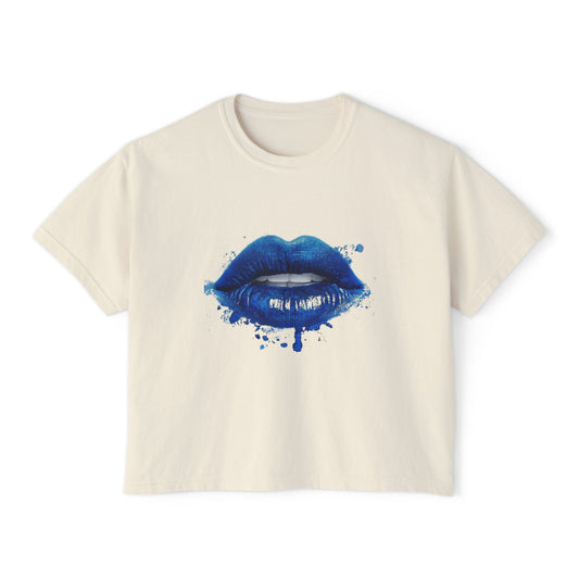 Blue Kiss Boxy Tee — Artistic Blue Lip Print Women's Crop T-Shirt