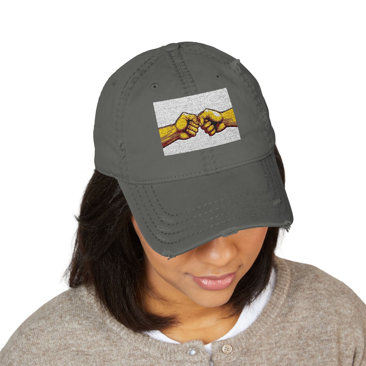 Distressed Embroidered Dad Hat — Fist Bump Design with 'Haiti' Back