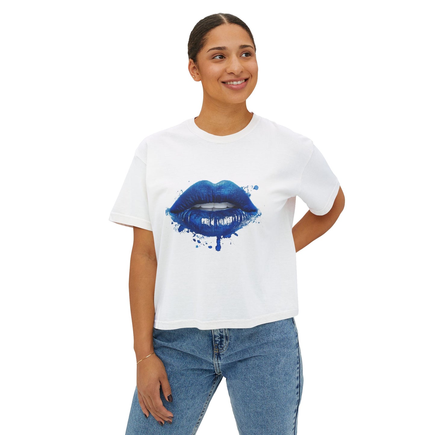 Blue Kiss Boxy Tee — Artistic Blue Lip Print Women's Crop T-Shirt