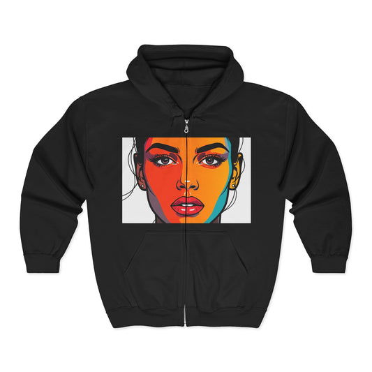 Colorblock Pop Art Face Zip Hoodie — Bold Abstract Portrait Sweatshirt
