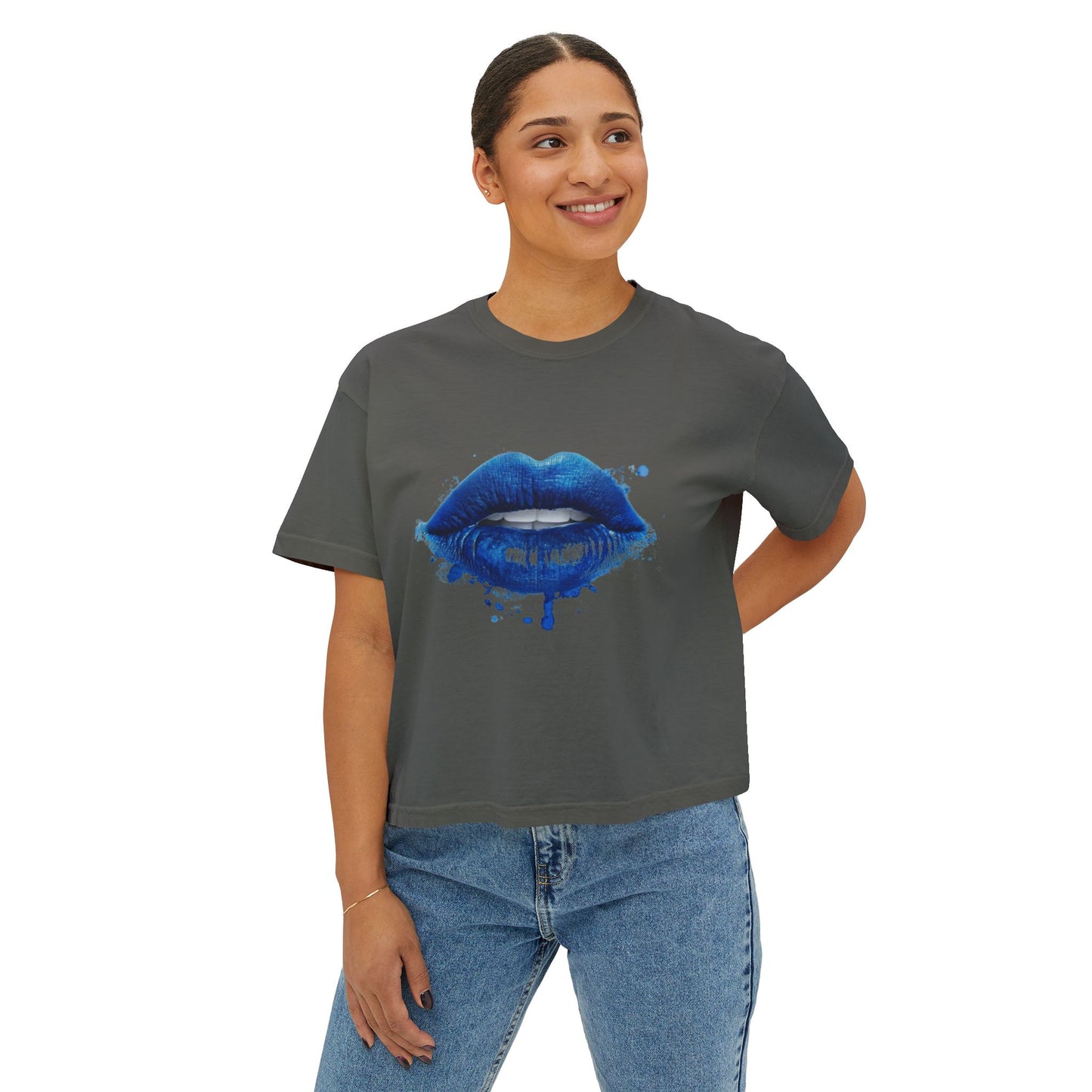 Blue Kiss Boxy Tee — Artistic Blue Lip Print Women's Crop T-Shirt