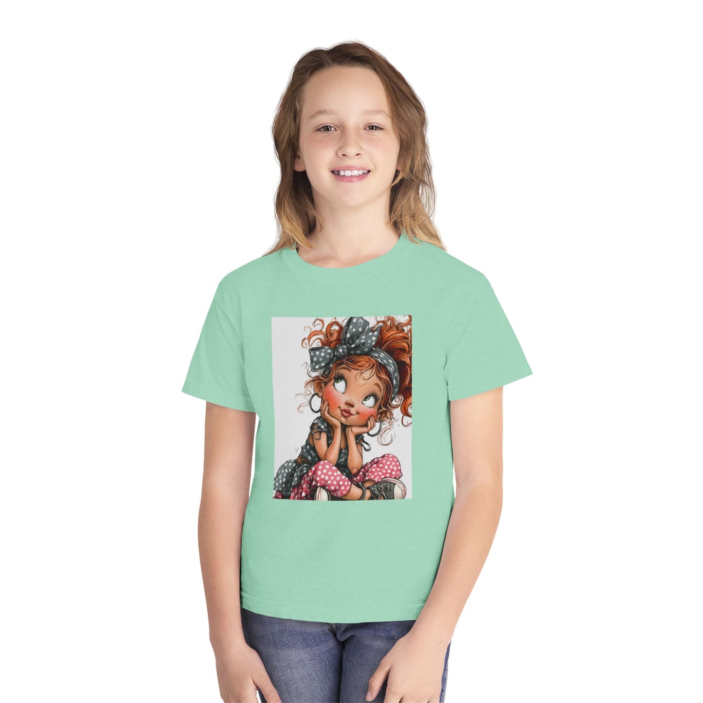 Cute Redhead Girl Graphic Youth Tee — Playful Cartoon Kid’s T‑Shirt