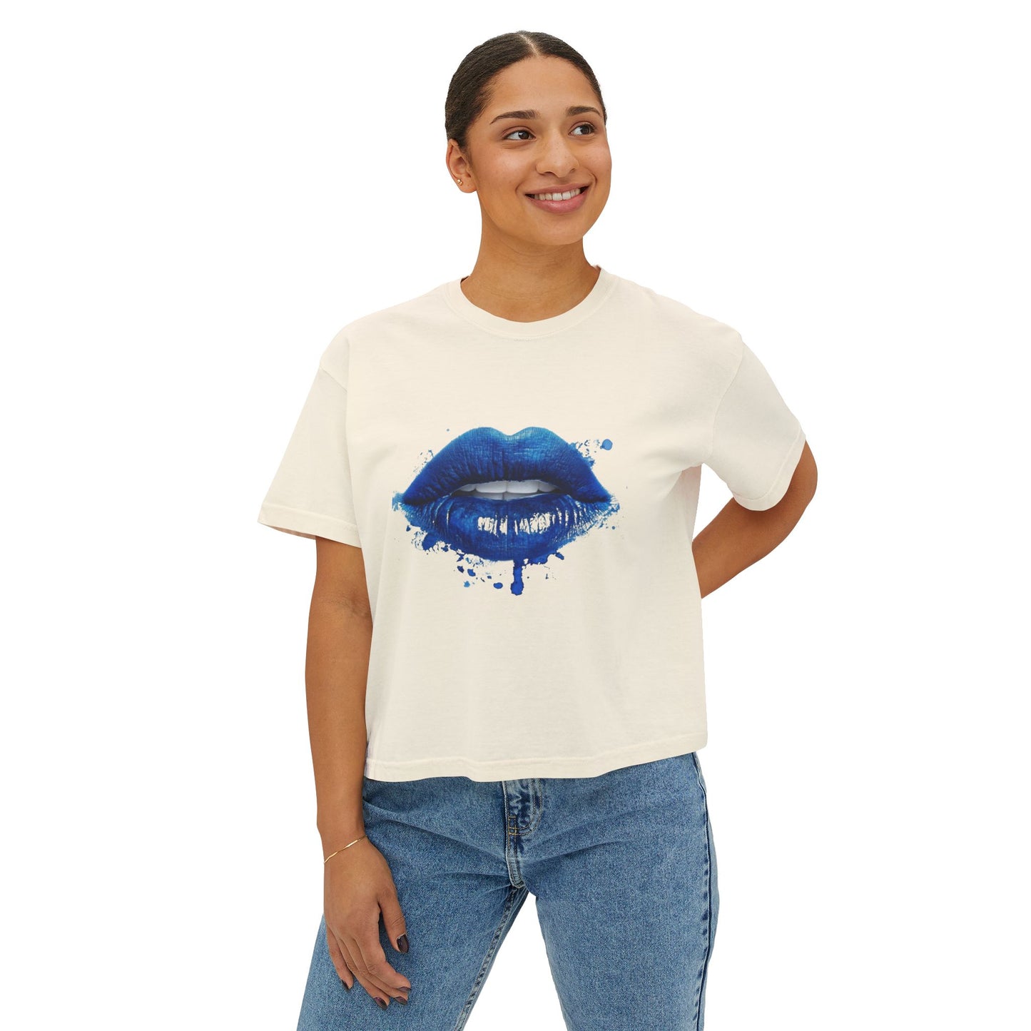 Blue Kiss Boxy Tee — Artistic Blue Lip Print Women's Crop T-Shirt