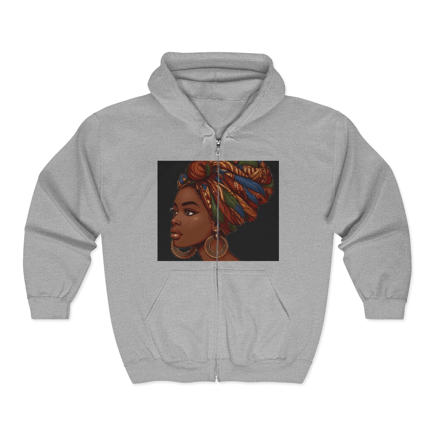 Iconic Black Woman Full-Zip Hoodie — Afro Headwrap Portrait Zip-Up