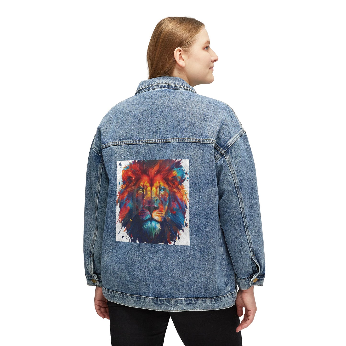 Denim Jacket – Colorful Watercolor Lion Back Print