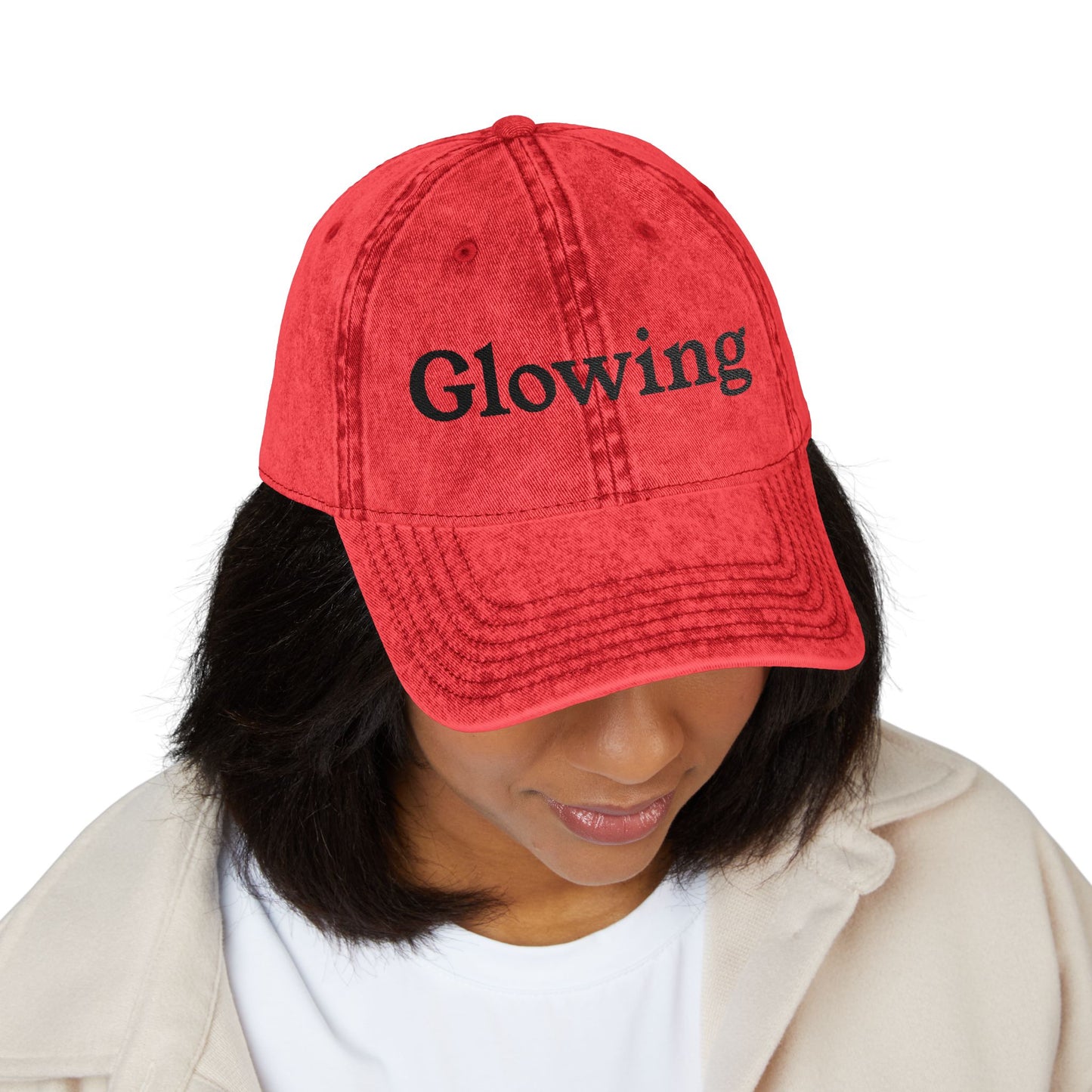 Glowing Embroidered Vintage Cap — Distressed Baseball Hat with 'Glowing' Text