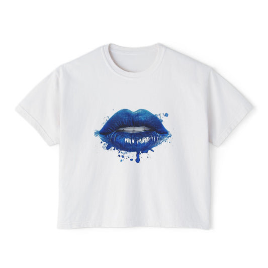 Blue Kiss Boxy Tee — Artistic Blue Lip Print Women's Crop T-Shirt