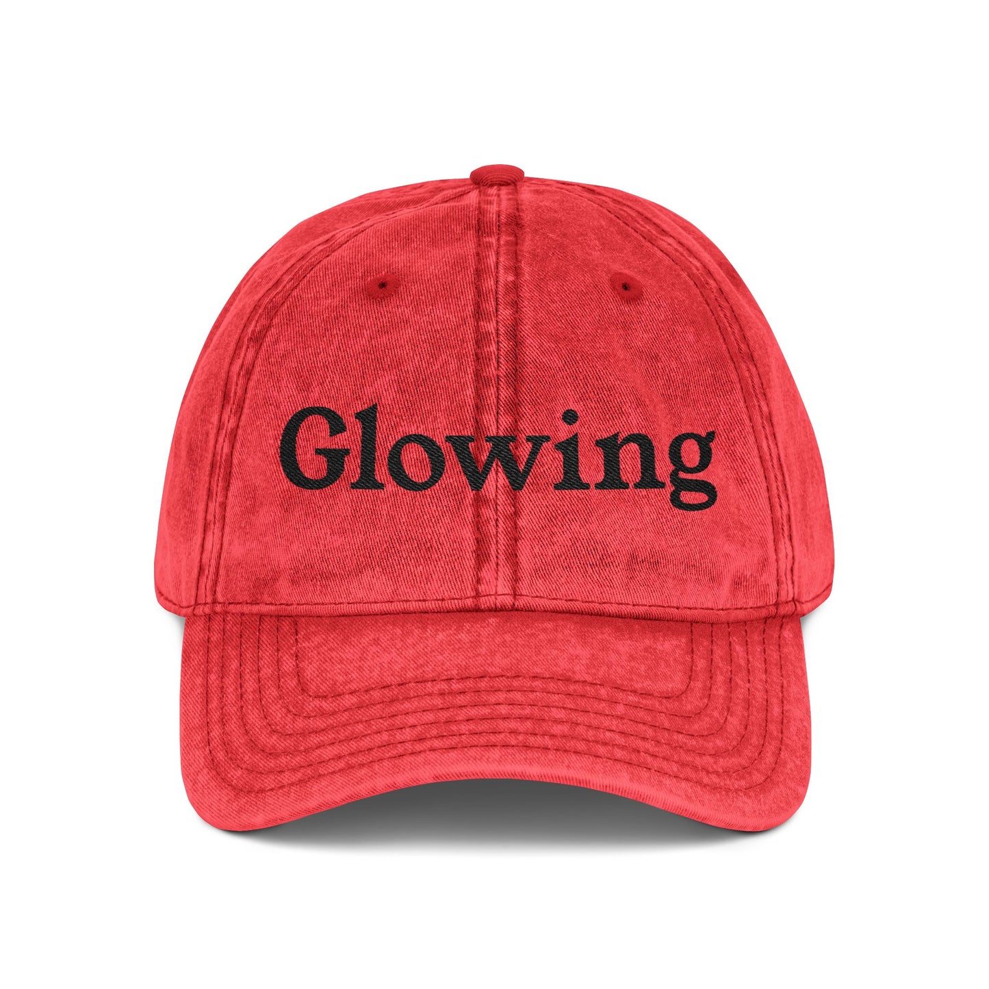 Glowing Embroidered Vintage Cap — Distressed Baseball Hat with 'Glowing' Text