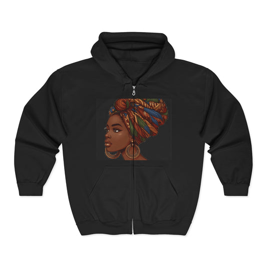 Iconic Black Woman Full-Zip Hoodie — Afro Headwrap Portrait Zip-Up
