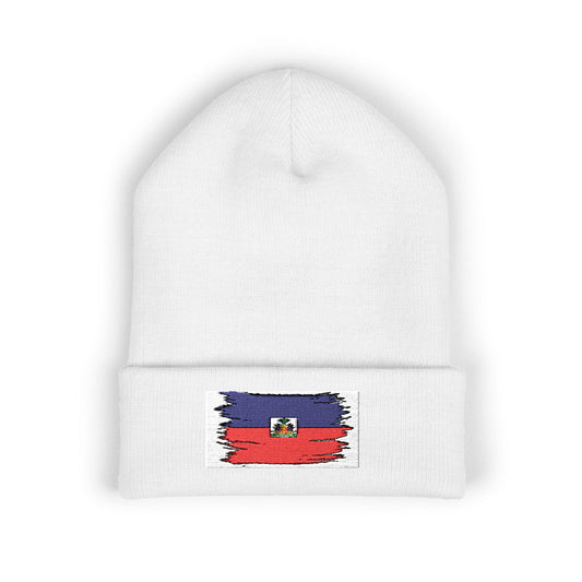 Haiti Flag Embroidered Cuffed Beanie — Distressed Patriotic Knit Hat