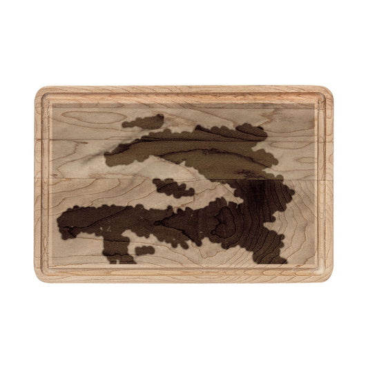 Engraved Lake Map Wooden Cutting Board — Personalized Topographic Charcuterie Board