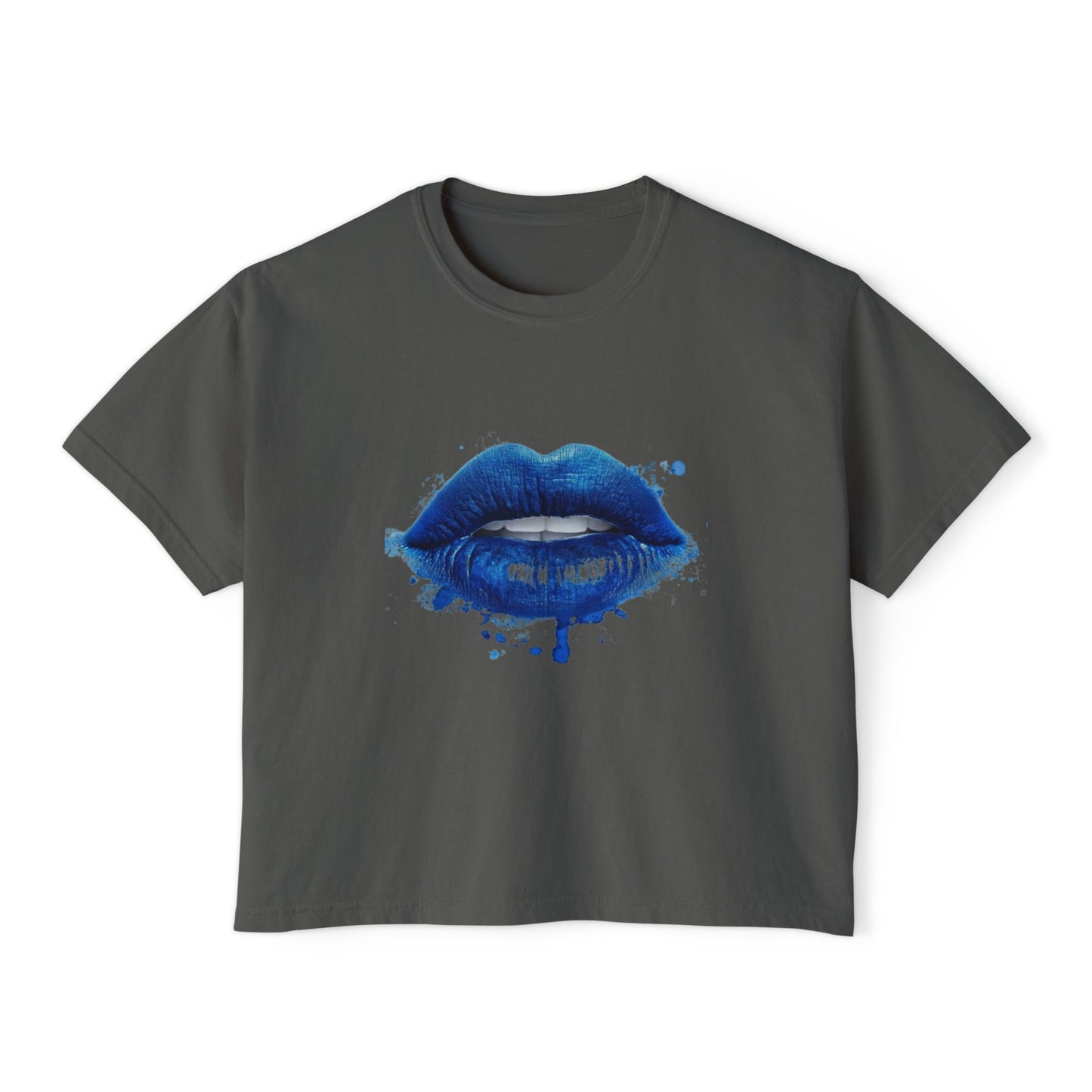 Blue Kiss Boxy Tee — Artistic Blue Lip Print Women's Crop T-Shirt